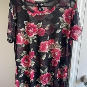 TMG New York Womens 3X Mesh Top Sheer Pink Rose Floral Short Sleeve Shirt